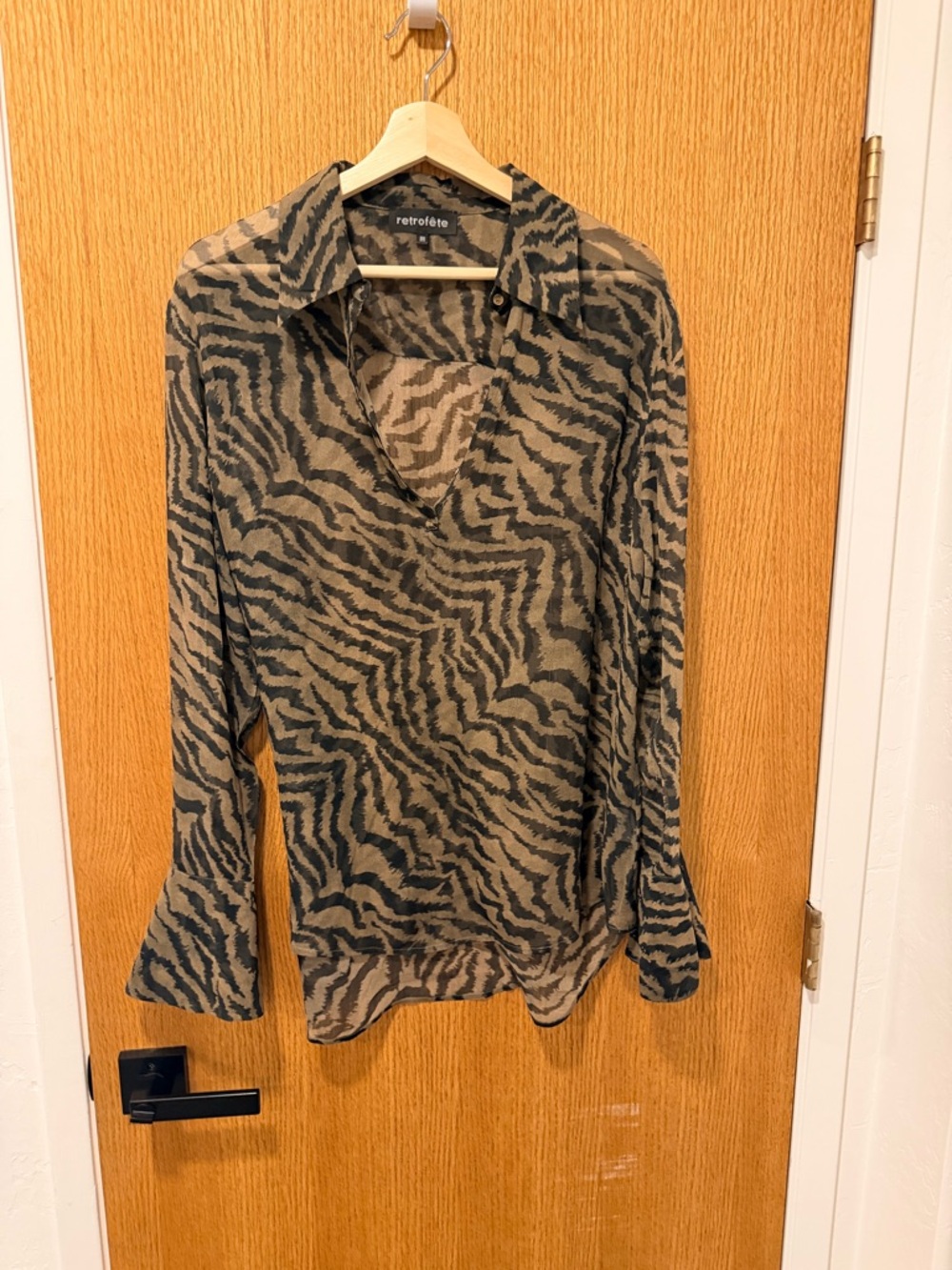 Retrofete Taupe and Black Zebra-Striped Semi-Sheer Button-Down